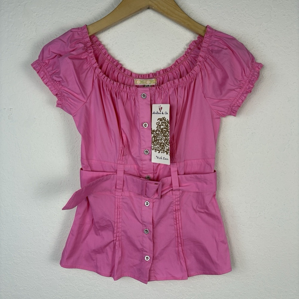 Y2k Andrew & Co Size S Blouse Pink Short Puff Sleeve  Babydoll Coquette Fairy